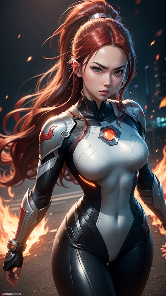 Jessica Henwick, Female Superhero Martial Artist, Long Red Hair, Black and Silver Armored Superhero Suit, Detailed Face, Beautiful Face, Upper Body View Portrait, Anime Eyes, Lean Female Body Physique, Toned Female Muscle, Female Body Shape, Fit Female Body, 4KUHD quality, 1080i, 1080p, Cinematic Quality, Dramatic Lighting, Bokeh, Unreal Engine 5, Cel Shaded Style, Surrounded by Cosmic Fire, Anime Asthetic, DBZ Asthetic, Studio Ghibli Asthetic, Urban City Background, Tekken Asthetic 
[DreamGlow (NEW)]
