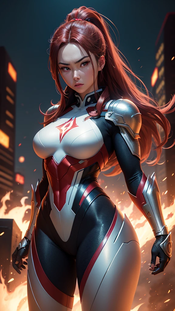 Jessica Henwick, Female Superhero Martial Artist, Long Red Hair, Black and Silver Armored Superhero Suit, Detailed Face, Beautiful Face, Upper Body View Portrait, Anime Eyes, Lean Female Body Physique, Toned Female Muscle, Female Body Shape, Fit Female Body, 4KUHD quality, 1080i, 1080p, Cinematic Quality, Dramatic Lighting, Bokeh, Unreal Engine 5, Cel Shaded Style, Surrounded by Cosmic Fire, Anime Asthetic, DBZ Asthetic, Studio Ghibli Asthetic, Urban City Background, Tekken Asthetic 
[DreamGlow (NEW)]