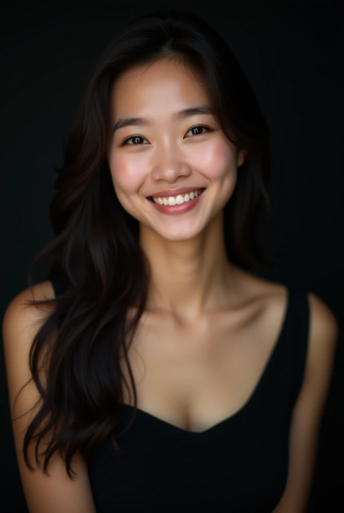 photo brute, femme visage jolie asiatique ;une belle 20, visage caractere, porter une robe noire, mine réjouie, ombres dures, Prise de vue de face, Éclairage lumi