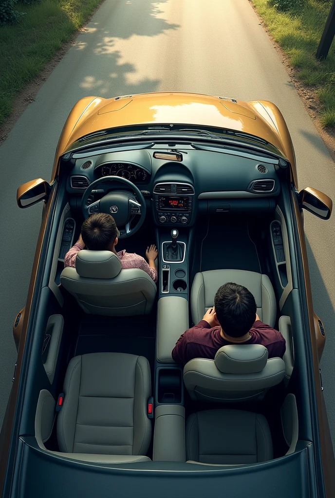 Open view of the interior of a car from above and diagonally, a passenger sitting in the back and the driver getting out