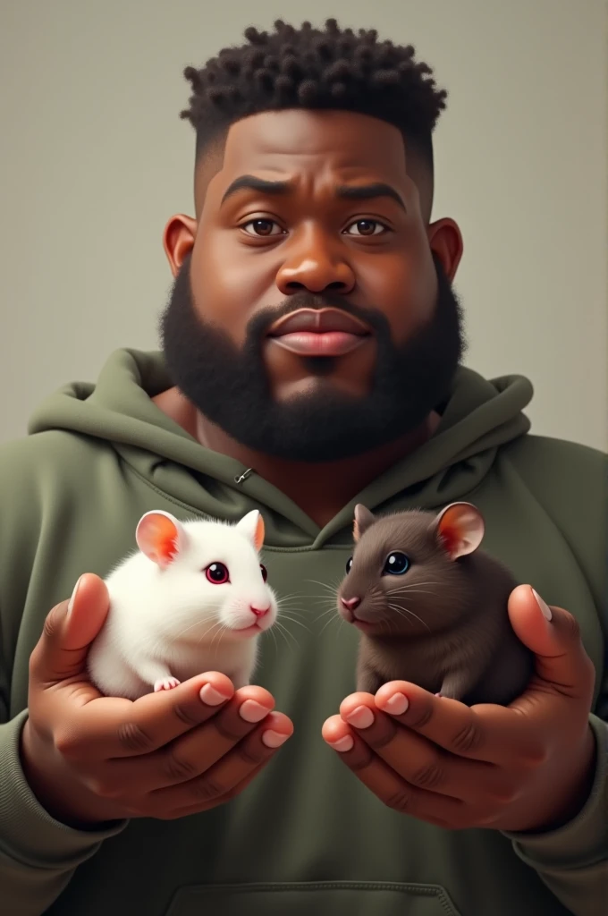 A fat black guy with short curly hair holding two hamsters, one with white fur and red eyes and the other with dark brown fur and black eyes