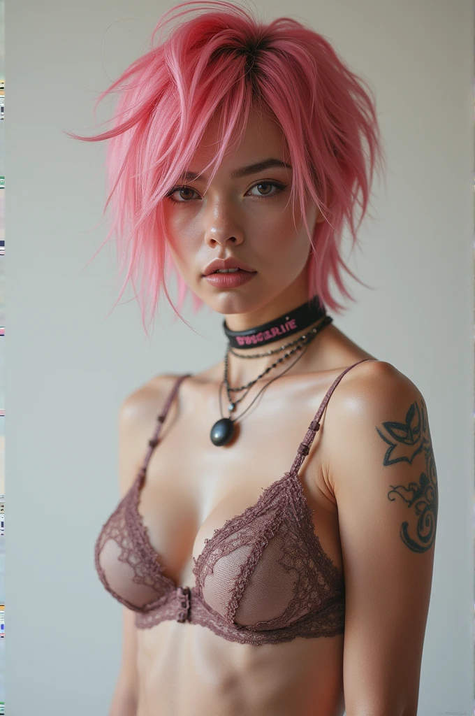 short pink hair emo boy with female lingerie