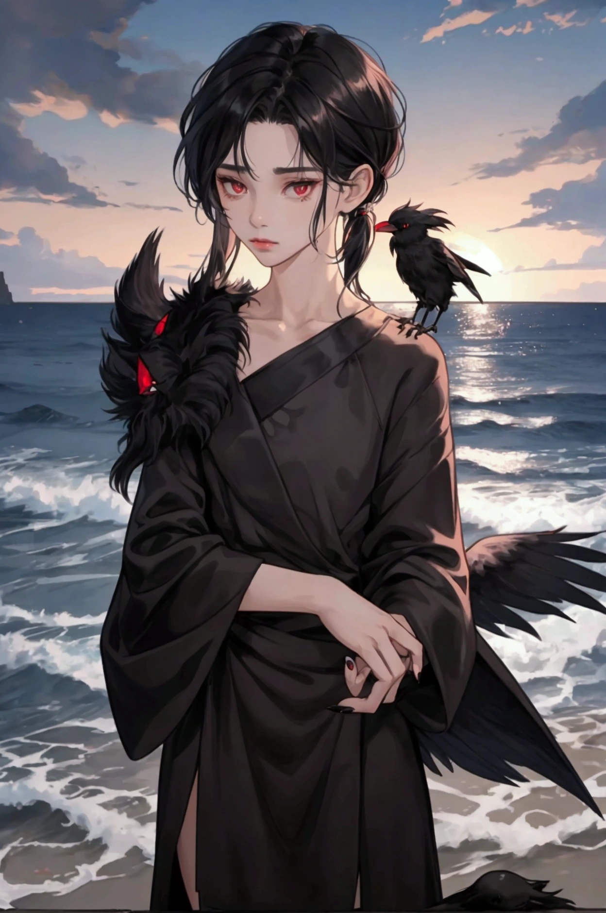 NSFW, short boy, feminine small shotacon, holding crow pet, small fragile body, black fur-lined clothes hanging on the shoulder, little to no clothes (showing core body), black hair, very messy mullet hair, bangs, shining crimson eyes, masterpiece, 8k, photorealistic, chiaroscuro lighting, dramatic shadows, cinematic composition, coast background, wearing black short, sharp black nails