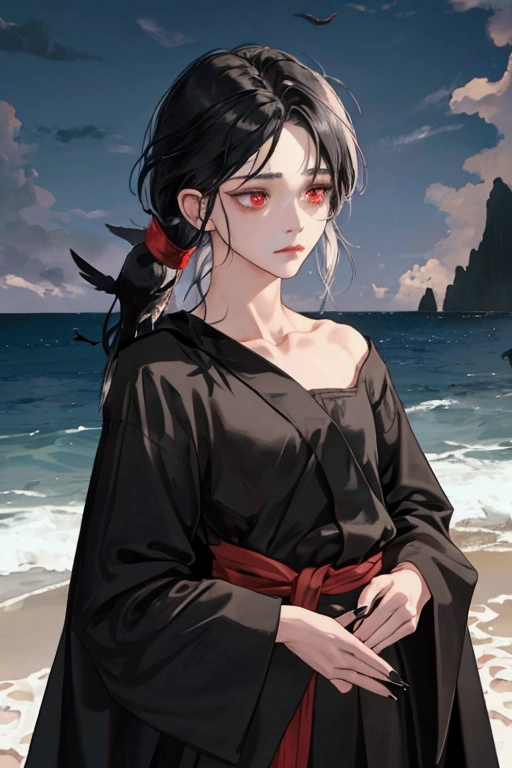 NSFW, short boy, feminine small shotacon, holding crow pet, small fragile body, black fur-lined clothes hanging on the shoulder, little to no clothes (showing core body), black hair, very messy mullet hair, bangs, shining crimson eyes, masterpiece, 8k, photorealistic, chiaroscuro lighting, dramatic shadows, cinematic composition, coast background, wearing black short, sharp black nails