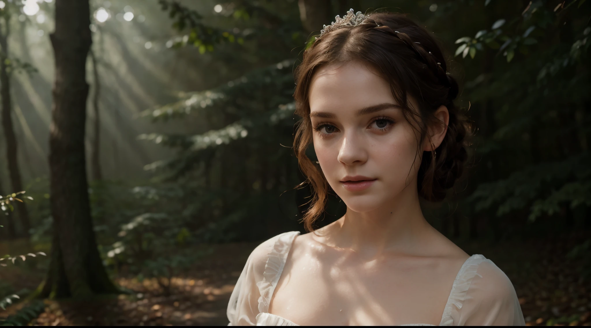 best quality,4k,8k,highres,masterpiece:1.2,ultra-detailed,(realistic,photorealistic,photo-realistic:1.37),HDR,UHD,studio lighting,ultra-fine painting,sharp focus,physically-based rendering,extreme detail description,professional,vivid colors,bokeh,Emma Watson as Snow White, detailed cinematic portrait, large beautiful eyes, long eyelashes, porcelain skin, rosy cheeks, full lips, delicate facial features, elegant hairstyle, crown on head, snow white dress, enchanting expression, magical forest background, sunlight shining through trees, glowing ethereal atmosphere, fantasy, fairytale, cinematic lighting