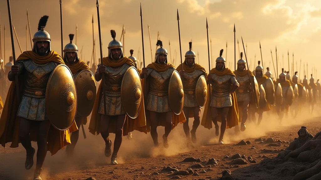 Armée de thrace dans la grèce antique portant des armures étincelante à la lumière, des capes dorées, munie de leurs lances d'argents et leurs bouclier dorés, ils chargent vers les énnemies restant, sur un champ de bataille apocalyptique dévasté, jonché de cadavres