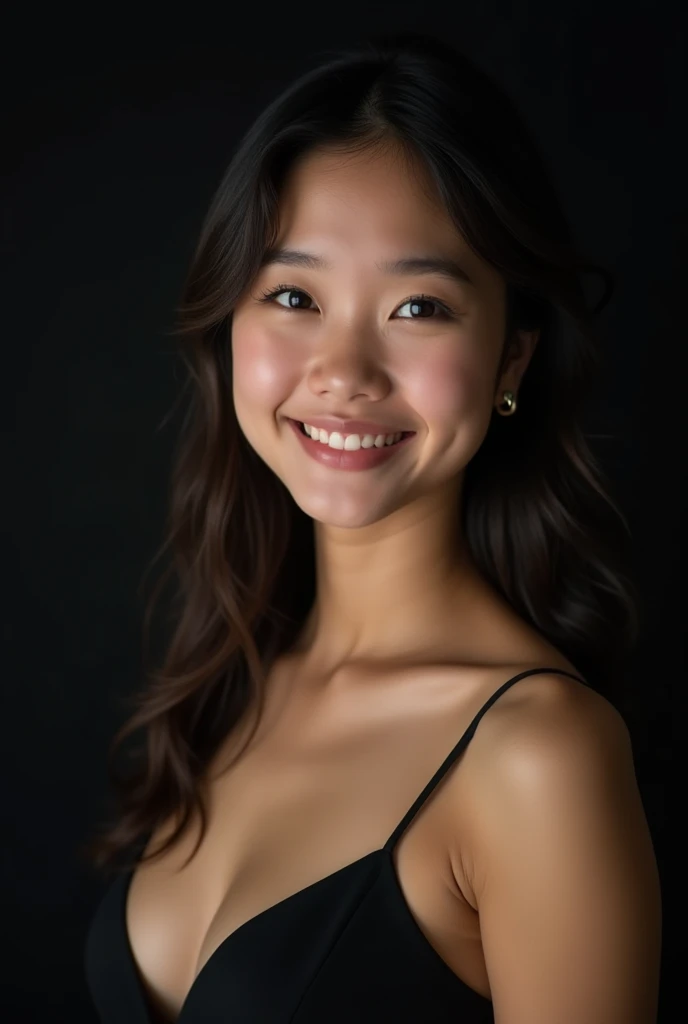 photo brute, femme visage jolie asiatique ;une belle femme de 20 ans ,visage caractere, porter une robe noire, mine réjouie, ombres dures, Prise de vue de face, Éclairage lumineux
