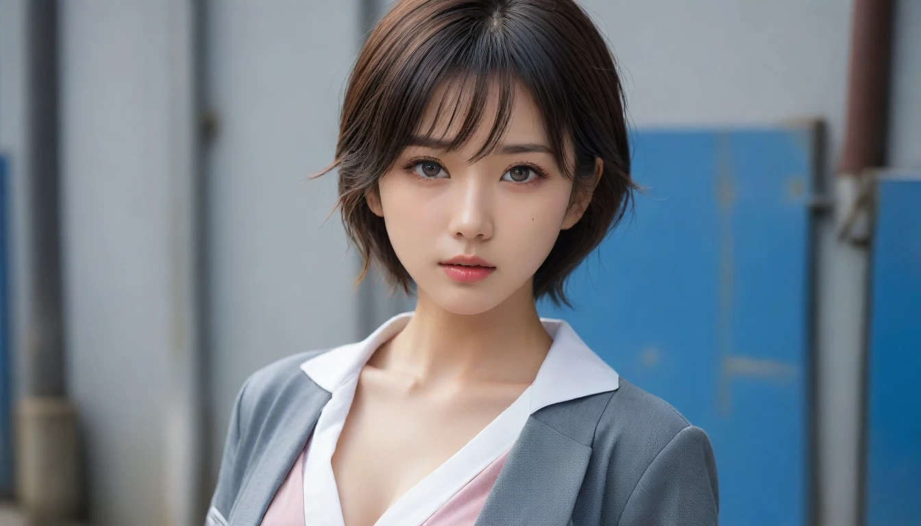 8k, Ultra-high resolution, Highest quality, masterpiece, 三分割法によるphotograph,Surreal, photograph, 1 , (:1.3), cute, cute顔, 細部までBeautiful Eyes, 細かくdetailedに,masterpiece,One Girl:1.2,Japanese women,student,cowboy shot,glaring,Black short hair,messy hair,(Dirty uniform:1.3),Leaning against the wire mesh,Glare,Blue Collar,Factory wall,(Beautiful attention to detail),Subtle details, detailedな顔,anger,Attractive eyes,(ポートレートphotograph:1.4),(Photorealistic images:1.4),Fantasy art,(Beautiful Face:1.4),美しくAttractive eyes、Beautiful Eyes、Grayscale 16Bits,(Tight waist:1.4)、(Beautiful with perfect body proportions:1.4),Pink Lips,Looking at the audience,(((Ideal body type))),A-cup small breasts :2,、Portraiture:2、Perfect Anatomy、鮮明なdetailed、detailed,Fashion magazine cover,Thin lips,完璧でBeautiful Face ,完璧でcute顔, Skin with attention to detail, Perfect limbs、Narrow waist,Surreal,Light and shadow,backlighting