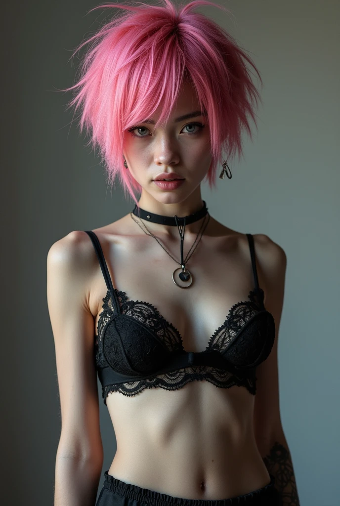 short pink hair emo guy with female lingerie 