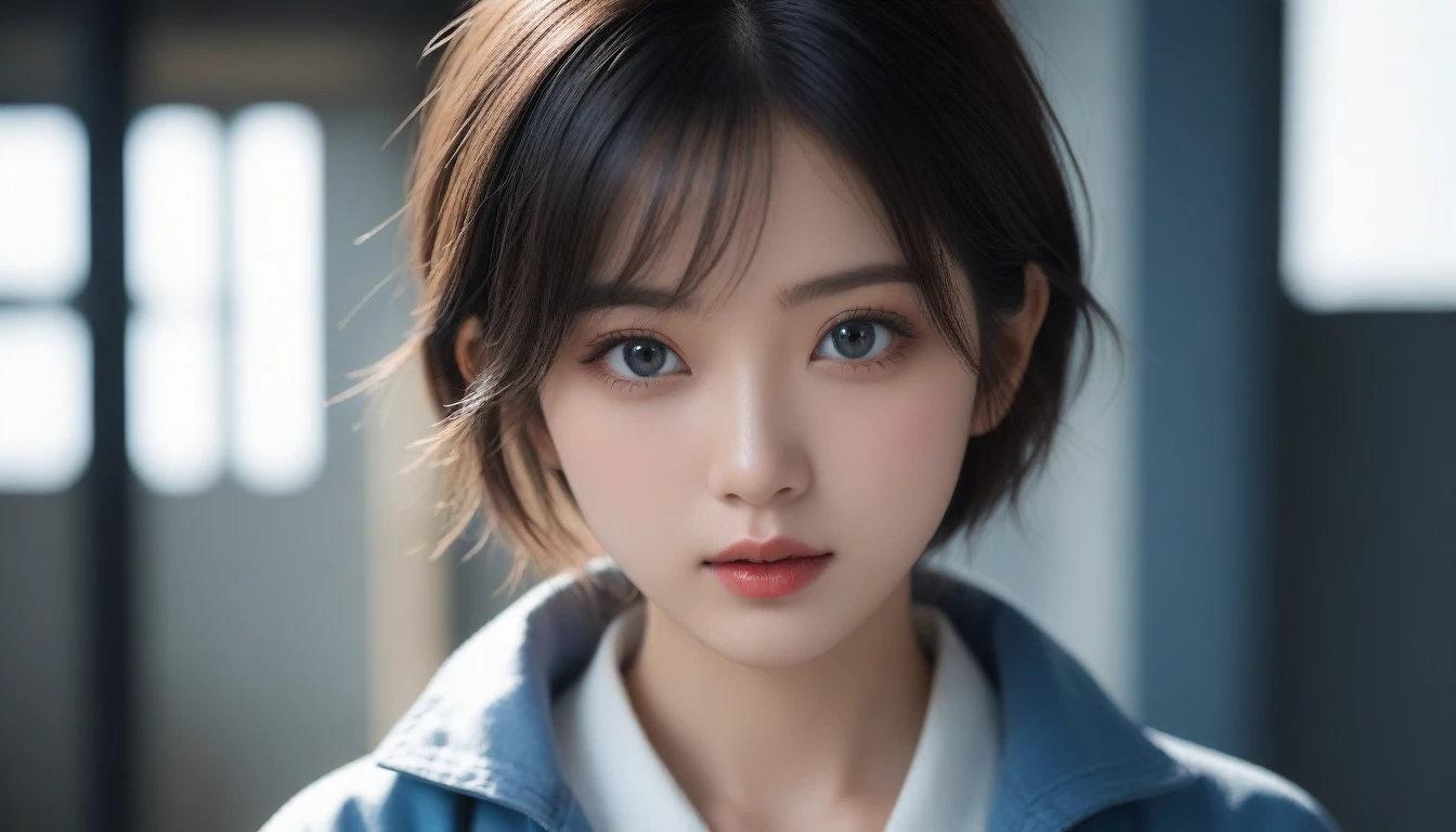 8k, Ultra-high resolution, Highest quality, masterpiece, 三分割法によるphotograph,Surreal, photograph, 1 , (:1.3), cute, cute顔, 細部までBeautiful Eyes, 細かくdetailedに,masterpiece,One Girl:1.2,Japanese women,student,cowboy shot,glaring,Black short hair,messy hair,(Dirty uniform:1.3),Leaning against the wire mesh,Glare,Blue Collar,Factory wall,(Beautiful attention to detail),Subtle details, detailedな顔,anger,Attractive eyes,(ポートレートphotograph:1.4),(Photorealistic images:1.4),Fantasy art,(Beautiful Face:1.4),美しくAttractive eyes、Beautiful Eyes、Grayscale 16Bits,(Tight waist:1.4)、(Beautiful with perfect body proportions:1.4),Pink Lips,Looking at the audience,(((Ideal body type))),A-cup small breasts :2,、Portraiture:2、Perfect Anatomy、鮮明なdetailed、detailed,Fashion magazine cover,Thin lips,完璧でBeautiful Face ,完璧でcute顔, Skin with attention to detail, Perfect limbs、Narrow waist,Surreal,Light and shadow,backlighting