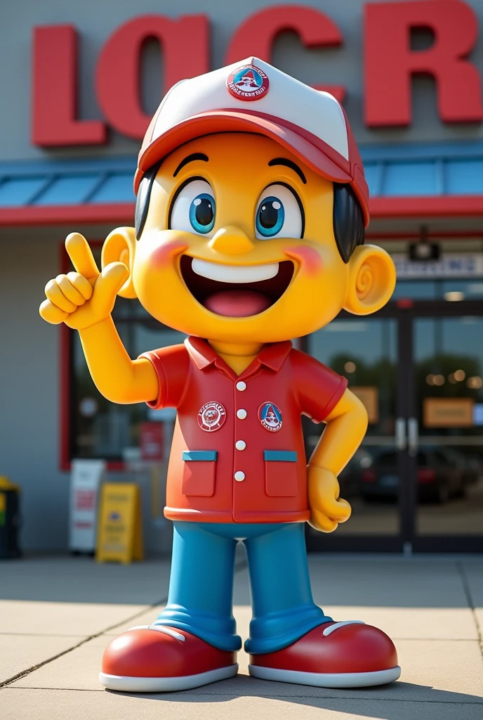 A mascot sculpture of a person for an electrical supply store
