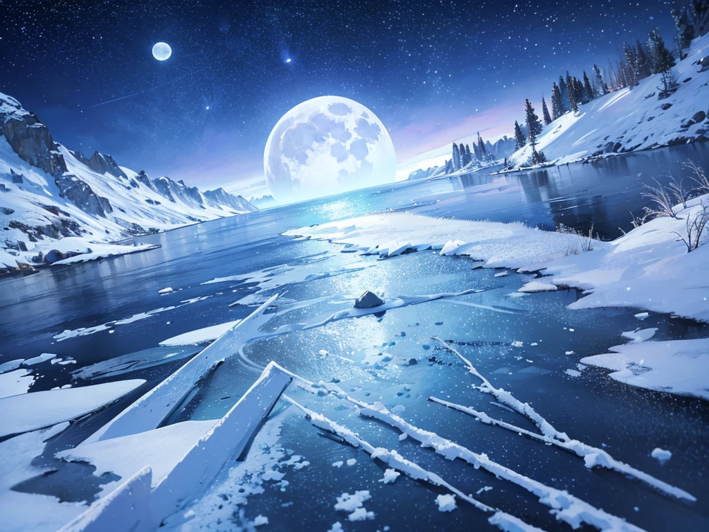 frozen lake lake, night, stars in the sky, moon, severe frost, frost, snowing, 4k, high resolution, high detail, random angle, hyperrealism, 300mm, f/10.0,1/1600ms, HDR