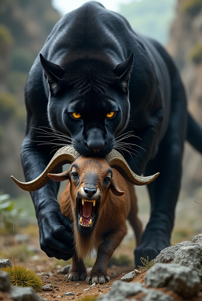 Black Panther biting a goat that it atacked