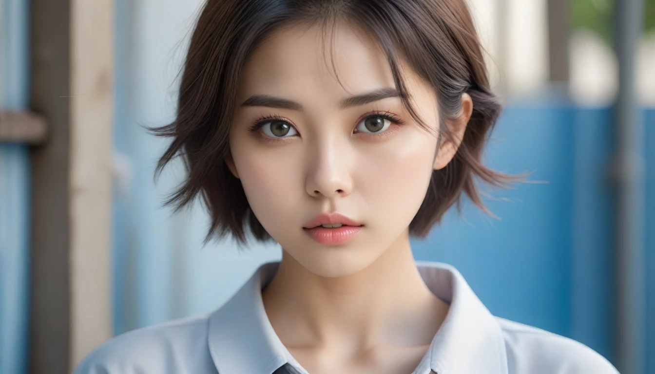 8k, Ultra-high resolution, Highest quality, masterpiece, 三分割法によるphotograph,Surreal, photograph, 1 , (:1.3), cute, cute顔, 細部までBeautiful Eyes, 細かくdetailedに,masterpiece,One Girl:1.2,Japanese women,student,cowboy shot,glaring,Black short hair,messy hair,(Dirty uniform:1.3),Leaning against the wire mesh,Glare,Blue Collar,Factory wall,(Beautiful attention to detail),Subtle details, detailedな顔,anger,Attractive eyes,(ポートレートphotograph:1.4),(Photorealistic images:1.4),Fantasy art,(Beautiful Face:1.4),美しくAttractive eyes、Beautiful Eyes、Grayscale 16Bits,(Tight waist:1.4)、(Beautiful with perfect body proportions:1.4),Pink Lips,Looking at the audience,(((Ideal body type))),A-cup small breasts :2,、Portraiture:2、Perfect Anatomy、鮮明なdetailed、detailed,Fashion magazine cover,Thin lips,完璧でBeautiful Face ,完璧でcute顔, Skin with attention to detail, Perfect limbs、Narrow waist,Surreal,Light and shadow,backlighting