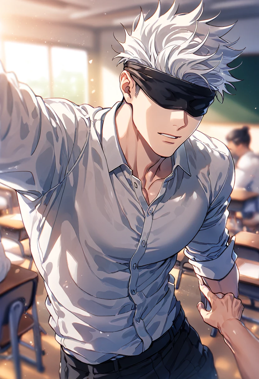 Ultra detailed, HDR, Highres, absurdres, masterpiece, best quality, solo focus, Gojou Satoru, white hair, black blindfold, covered eyes, white large shirt, black pants, Jujutsu Kaisen, sexy man, handsome, classroom, handsome, sensual, solo, manly, man, kabedon, looking at viewer