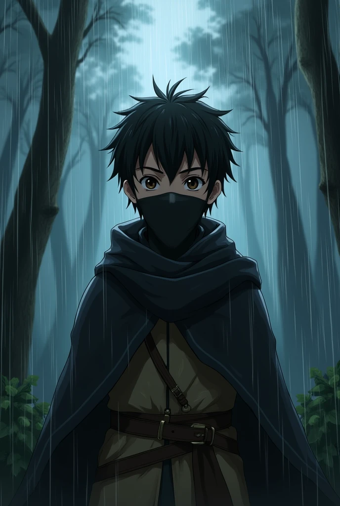 Young boy with black hair and brown eyes, in a night forest, rain storm, medieval clothes, black bandana covering mouth, expression of sadness, hatred and despair, anime style V2