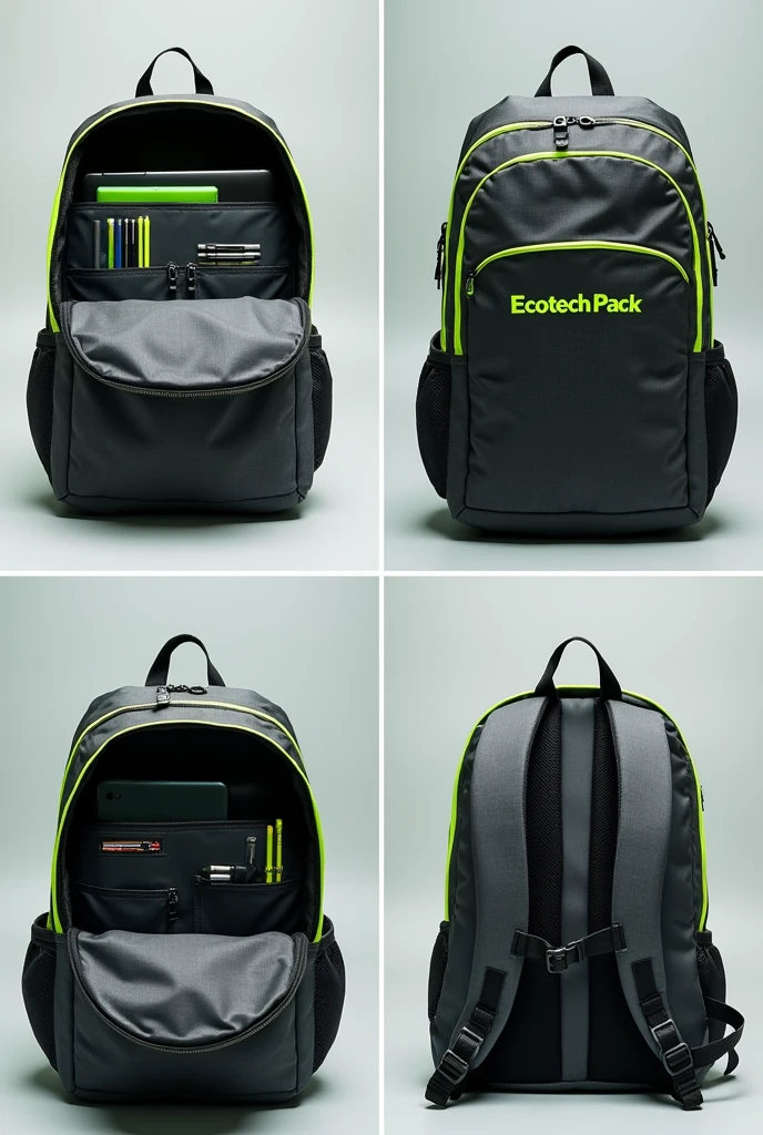 Make sure nothing is showing from the back or front of the backpack.. Focus only on the inside. The backpack is dark grey with neon edges. The name EcoTech Pack must be in green inside. The design must be a collage of 4 photos that exclusively shows the interior. Includes computer compartment, the slots for pencils and markers, and document pockets. Highlight each of these spaces without showing any part of the exterior or the backpack.