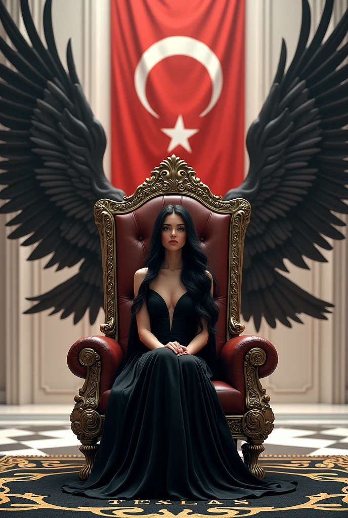 LET IT BE A PLACE WITH WHITE LIGHT. THERE SHOULD BE EAGLES ON THE RIGHT AND LEFT, AND THERE SHOULD BE THE QUEEN'S SEAT IN THE CENTER. LET THERE BE A TURKISH FLAG IN THE PHOTO. A 23-YEAR-OLD WOMAN WITH BLACK HAIR IS SITTING IN THE ROYAL SEAT. THE LADY'S DRESS MUST BE BLACK. "TUGBA KALAN" SHOULD BE WRITTEN ON THE WALL WITH A 3D LOGO. THE COLOR SHOULD BE GOLDEN YELLOW. THERE MUST BE CARPET ON THE FLOOR AND IT SHOULD BE IN BLACK AND WHITE COLOR. IT SHOULD WRITE "BESIKTAS" ON IT.