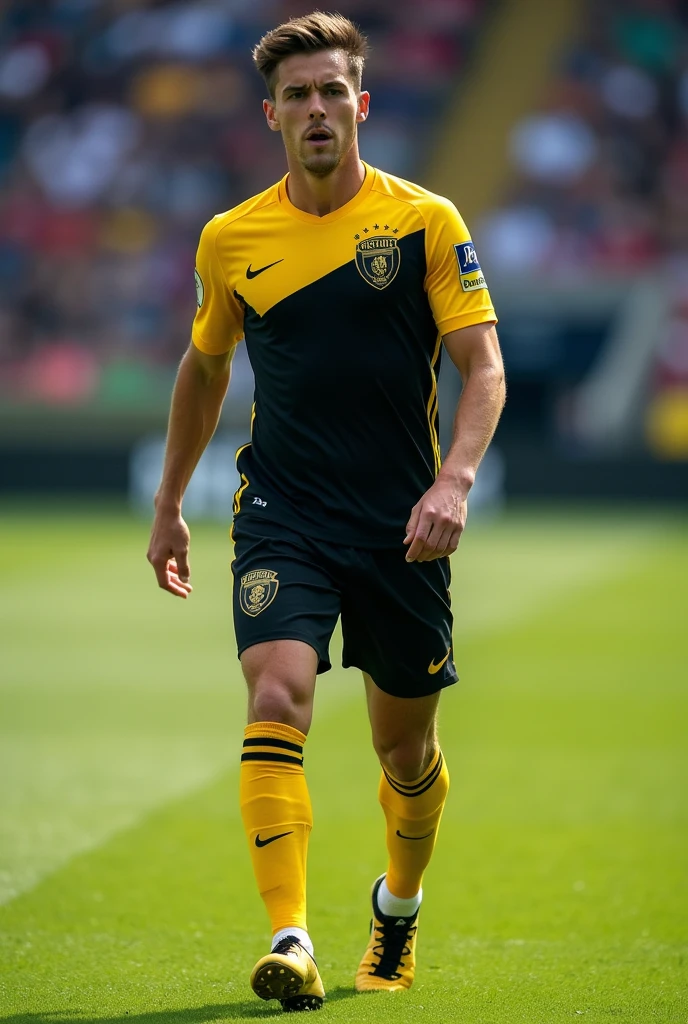 Lycra uniform for playing soccer in black and yellow colors