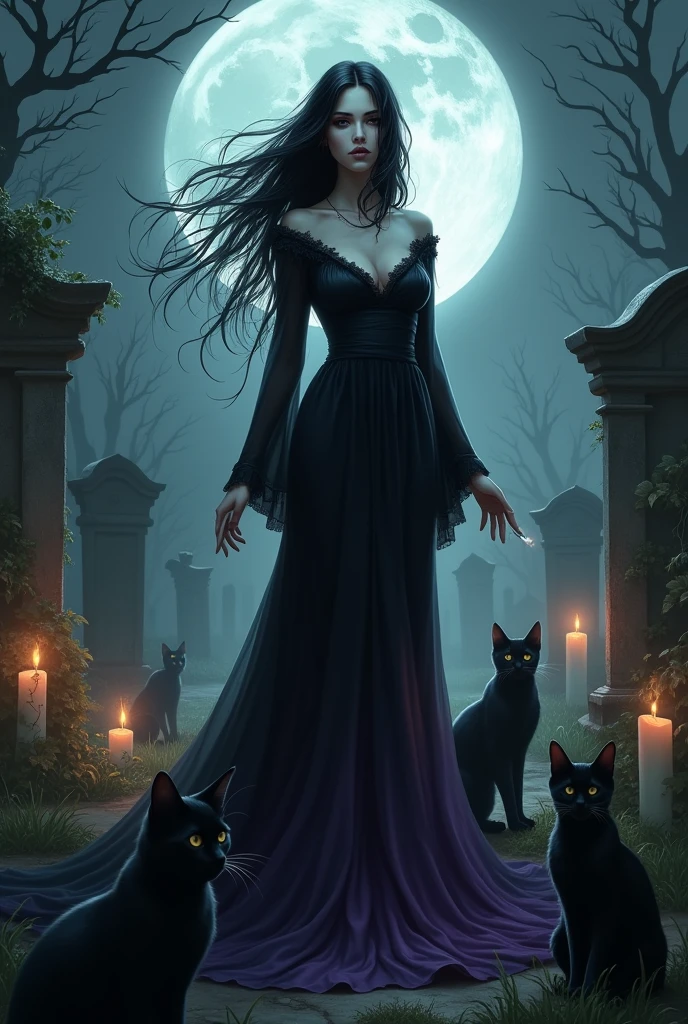 a woman with long black hair, pale skin, in the cemetery, smoking a cigarette, wearing a long black and purple dress, black cats around, candles burning, on a full moon night, witch