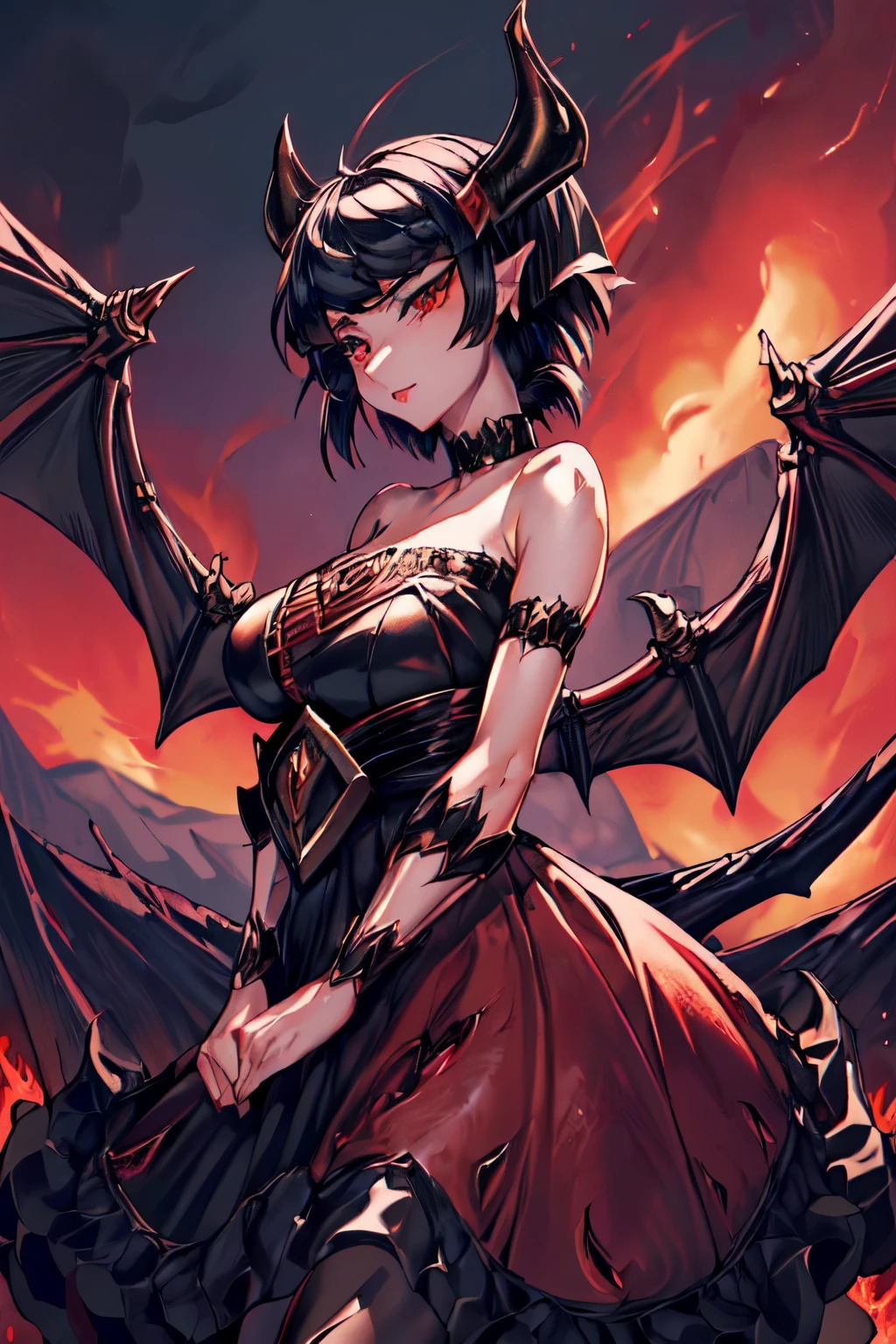 red dragon wings, (((red dragon, short black hair, e-girl fashion clothing, jirai kei, big breasts, detailed dragon dress, morgana from league of legends))), gorgeous anime dragon , gwen from league of legends, gorgeous red and black sensual gala dress, sensual pose, (((volcano background, lava molten land, gorgeous landscape background)))