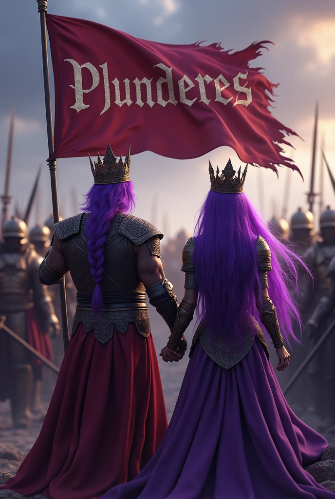 A purple haired man with a crown and a purple haired woman with a crown, holding the flag with the word Plunderes in his hands and behind him his army of warriors 
