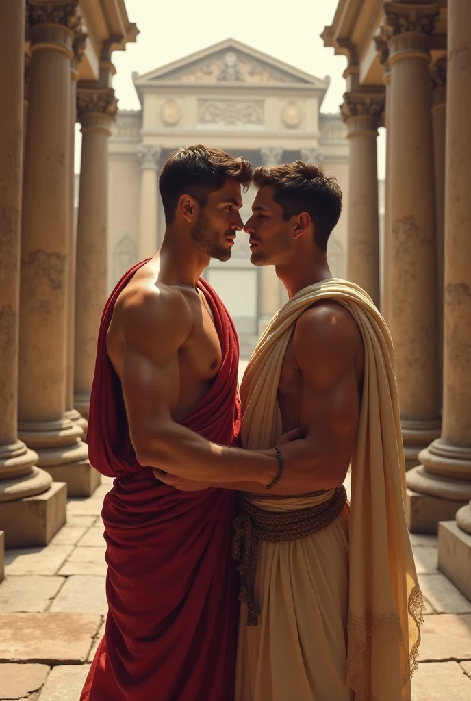 Jeunes romains minets gays qui se regardent amoureusement et qui veulent s'embrasser durant la Rome antique sur le Forum