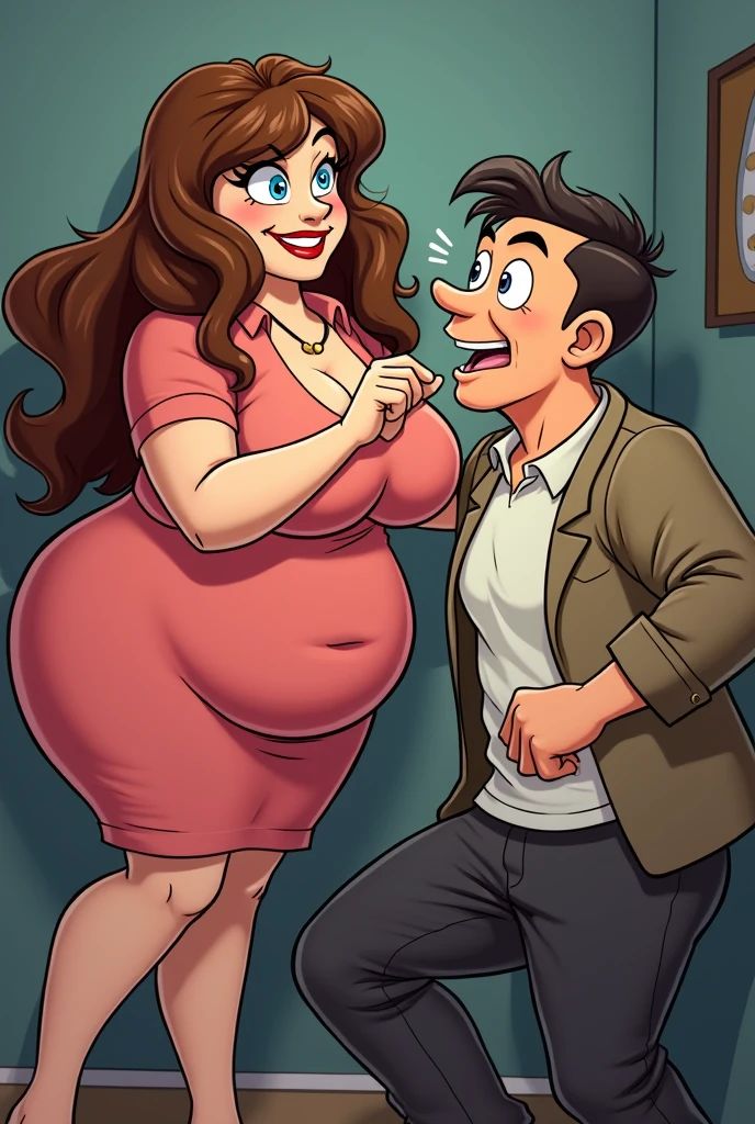 Jessica Rabbit shows a birthday cake to a fat and bald man, they are happy, she has big tits and a big ass, she is wearing a top and jeans and long boots, he is wearing a shirt and tie, home