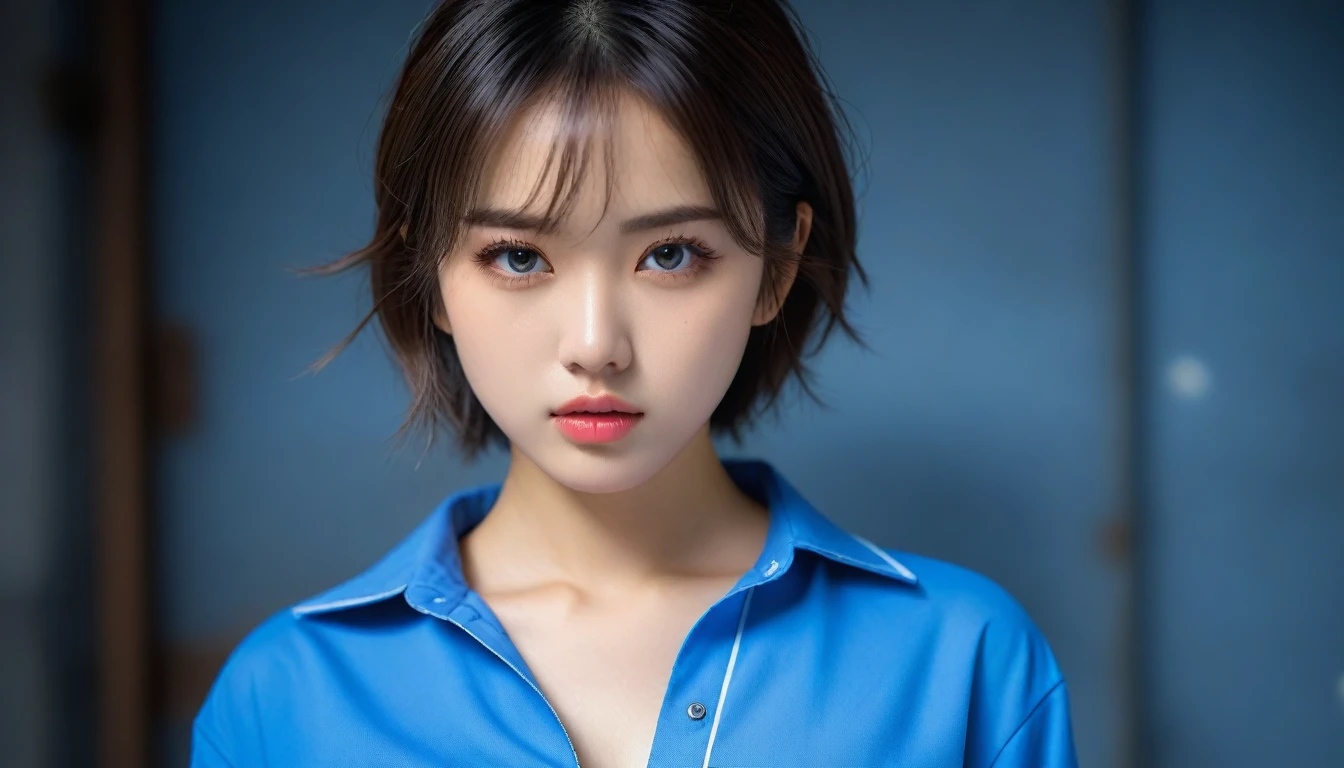 8k, Ultra-high resolution, Highest quality, masterpiece, 三分割法によるphotograph,Surreal, photograph, 1 , (:1.3), cute, cute顔, 細部までBeautiful Eyes, 細かくdetailedに,masterpiece,One Girl:1.2,Japanese women,student,cowboy shot,glaring,Black short hair,messy hair,(Dirty uniform:1.3),Leaning against the wire mesh,Glare,Blue Collar,Factory wall,(Beautiful attention to detail),Subtle details, detailedな顔,anger,Attractive eyes,(ポートレートphotograph:1.4),(Photorealistic images:1.4),Fantasy art,(Beautiful Face:1.4),美しくAttractive eyes、Beautiful Eyes、Grayscale 16Bits,(Tight waist:1.4)、(Beautiful with perfect body proportions:1.4),Pink Lips,Looking at the audience,(((Ideal body type))),A-cup small breasts :2,、Portraiture:2、Perfect Anatomy、鮮明なdetailed、detailed,Fashion magazine cover,Thin lips,完璧でBeautiful Face ,完璧でcute顔, Skin with attention to detail, Perfect limbs、Narrow waist,Surreal,Light and shadow,backlighting