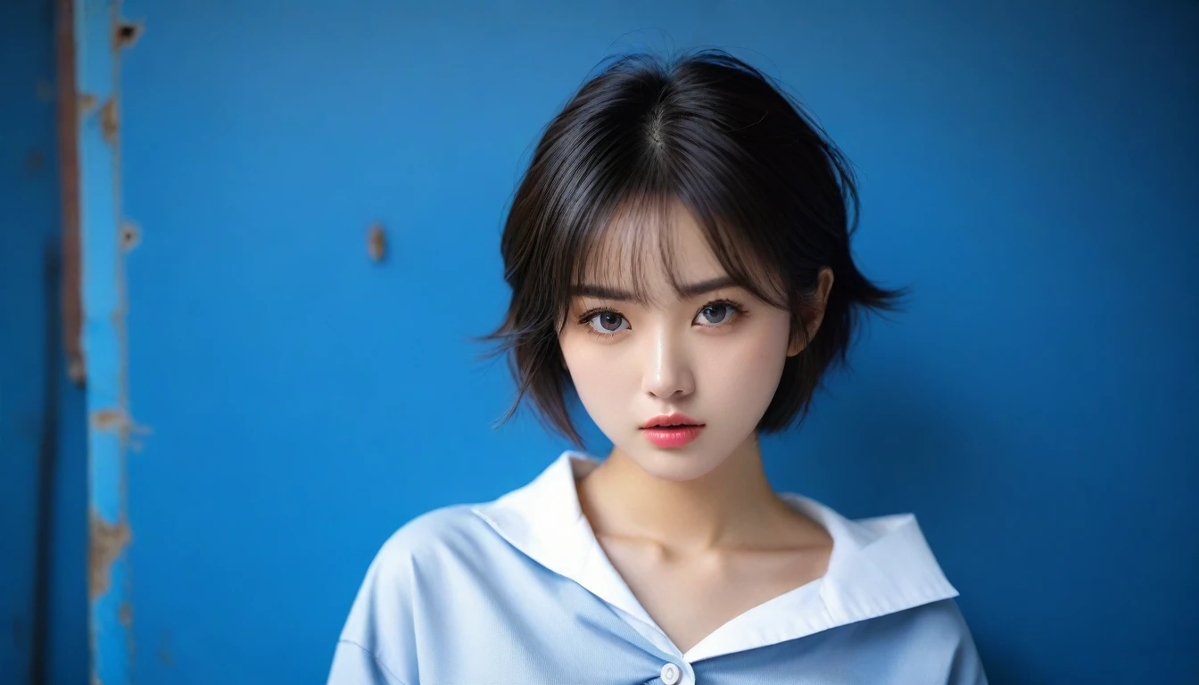 8k, Ultra-high resolution, Highest quality, masterpiece, 三分割法によるphotograph,Surreal, photograph, 1 , (:1.3), cute, cute顔, 細部までBeautiful Eyes, 細かくdetailedに,masterpiece,One Girl:1.2,Japanese women,student,cowboy shot,glaring,Black short hair,messy hair,(Dirty uniform:1.3),Leaning against the wire mesh,Glare,Blue Collar,Factory wall,(Beautiful attention to detail),Subtle details, detailedな顔,anger,Attractive eyes,(ポートレートphotograph:1.4),(Photorealistic images:1.4),Fantasy art,(Beautiful Face:1.4),美しくAttractive eyes、Beautiful Eyes、Grayscale 16Bits,(Tight waist:1.4)、(Beautiful with perfect body proportions:1.4),Pink Lips,Looking at the audience,(((Ideal body type))),A-cup small breasts :2,、Portraiture:2、Perfect Anatomy、鮮明なdetailed、detailed,Fashion magazine cover,Thin lips,完璧でBeautiful Face ,完璧でcute顔, Skin with attention to detail, Perfect limbs、Narrow waist,Surreal,Light and shadow,backlighting
