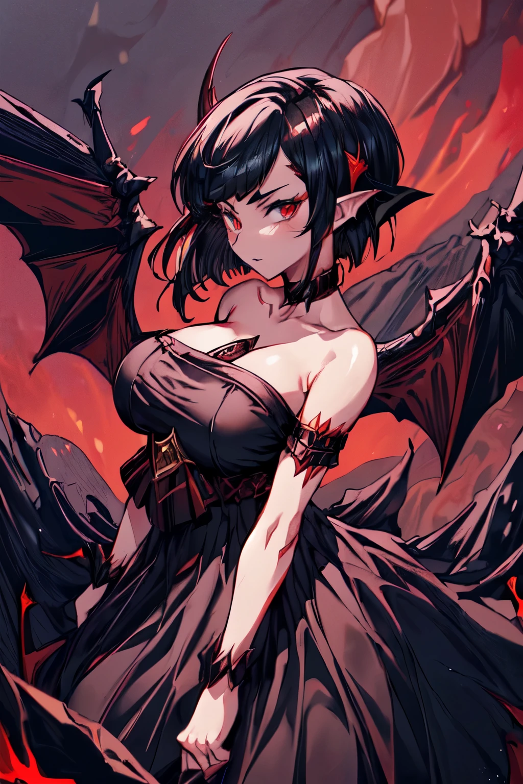 1girl,black sclera, cleavage, eyelashes, looking at viewer, red eyes, solo,shiny skin,huge breasts,,pale skin,evil grin, succubus, long bare legs, beautiful detailed face, womb tattoo