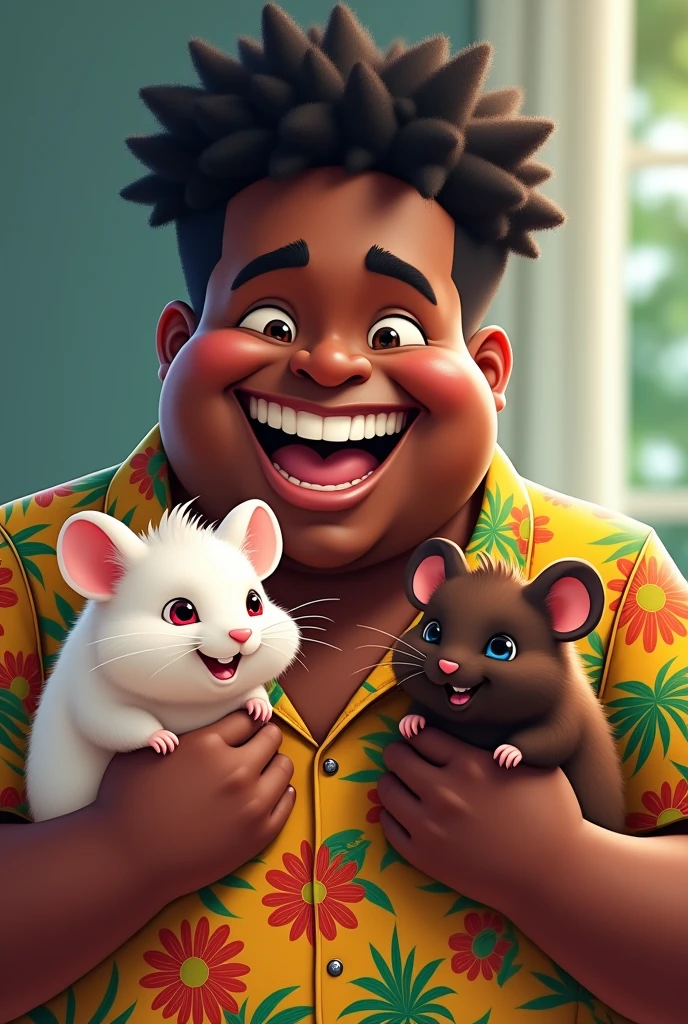 A very fat black ager with short curly hair smiling a lot and wearing a Brazilian shirt holding two hamsters, one with white fur and red eyes and the other with dark brown fur and black eyes