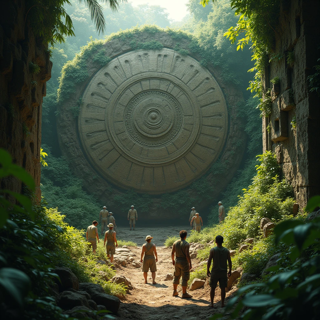 a giant ancient sculpted stone disc being discovered from ground by archaeologists in a jungle ruins environment, highly detailed, ultra-detailed, (best quality,4k,8k,highres,masterpiece:1.2),ultra-detailed,(realistic,photorealistic,photo-realistic:1.37),HDR,UHD,studio lighting,extremely detailed stone texture,extremely detailed jungle foliage and environment,extremely detailed archaeological discovery,dramatic lighting,warm color tones,cinematic