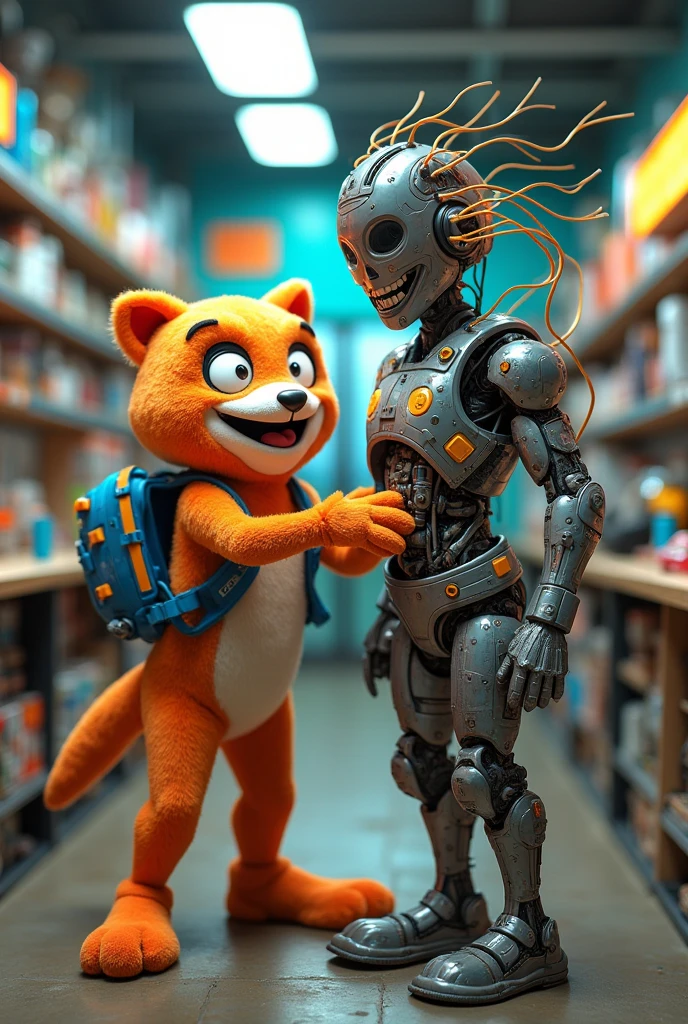 A mascot eats a sculpture of a person for an electrical supply store made from electrical materials