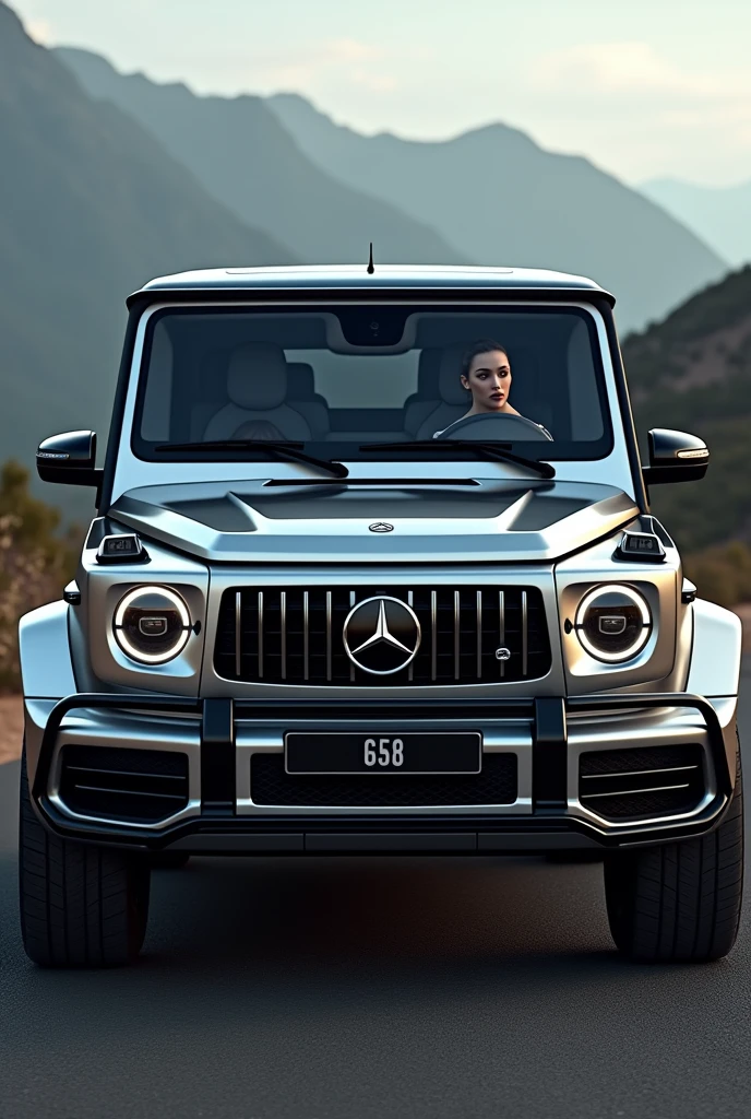 Front of a Mercedes G63 with a beautiful woman in the passenger seat