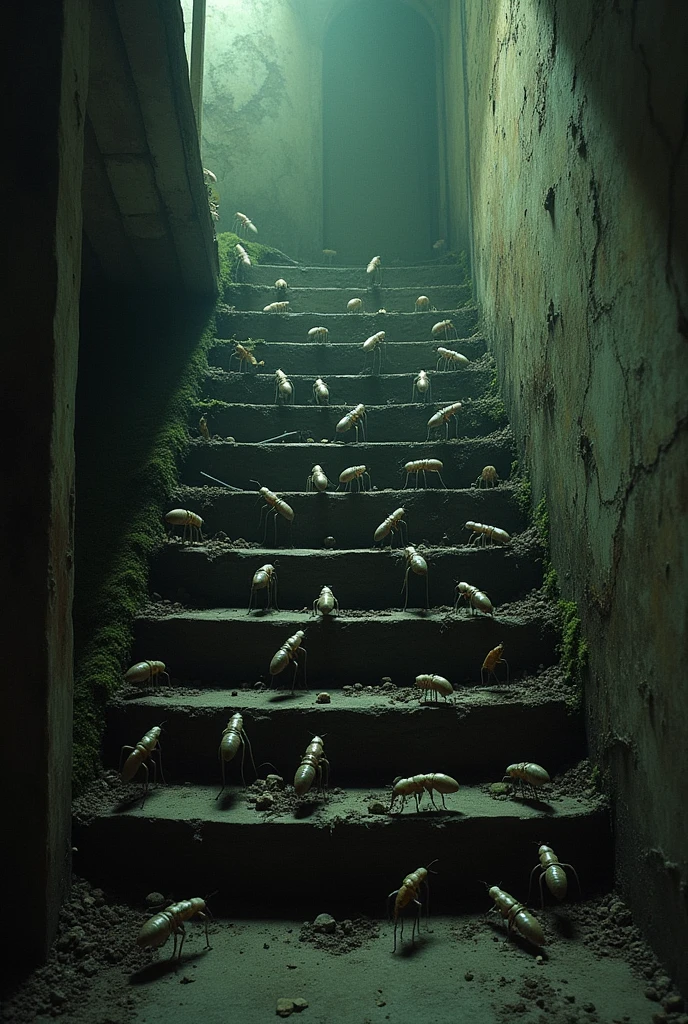 termites climbing the stairs of an old moldy basement, horror movies, horor, analog camera textures 
