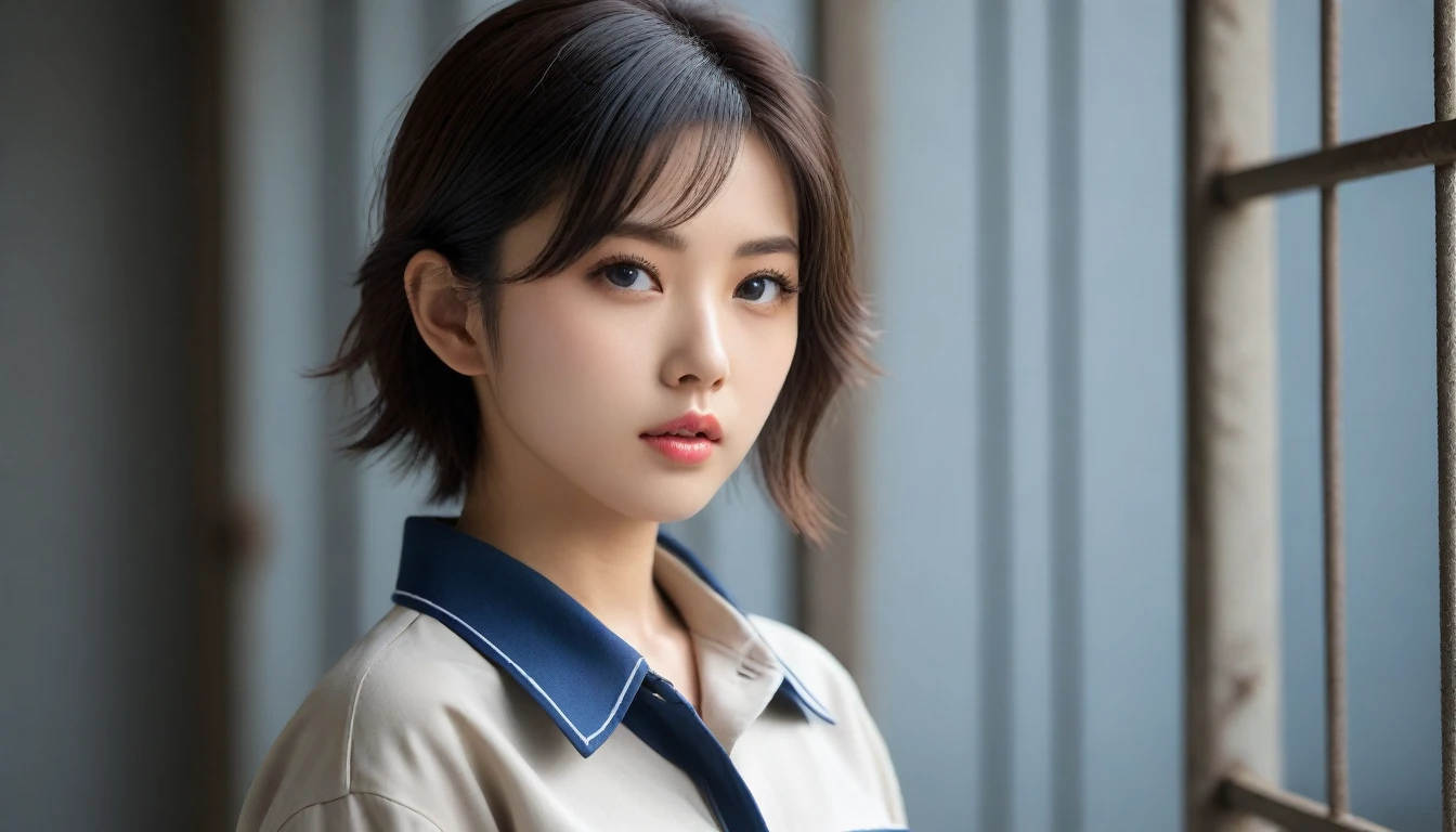 8k, Ultra-high resolution, Highest quality, masterpiece, 三分割法によるphotograph,Surreal, photograph, 1 , (:1.3), cute, cute顔, 細部までBeautiful Eyes, 細かくdetailedに,masterpiece,One Girl:1.2,Japanese women,student,cowboy shot,glaring,Black short hair,messy hair,(Dirty uniform:1.3),Leaning against the wire mesh,Glare,Blue Collar,Factory wall,(Beautiful attention to detail),Subtle details, detailedな顔,anger,Attractive eyes,(ポートレートphotograph:1.4),(Photorealistic images:1.4),Fantasy art,(Beautiful Face:1.4),美しくAttractive eyes、Beautiful Eyes、Grayscale 16Bits,(Tight waist:1.4)、(Beautiful with perfect body proportions:1.4),Pink Lips,Looking at the audience,(((Ideal body type))),A-cup small breasts :2,、Portraiture:2、Perfect Anatomy、鮮明なdetailed、detailed,Fashion magazine cover,Thin lips,完璧でBeautiful Face ,完璧でcute顔, Skin with attention to detail, Perfect limbs、Narrow waist,Surreal,Light and shadow,backlighting