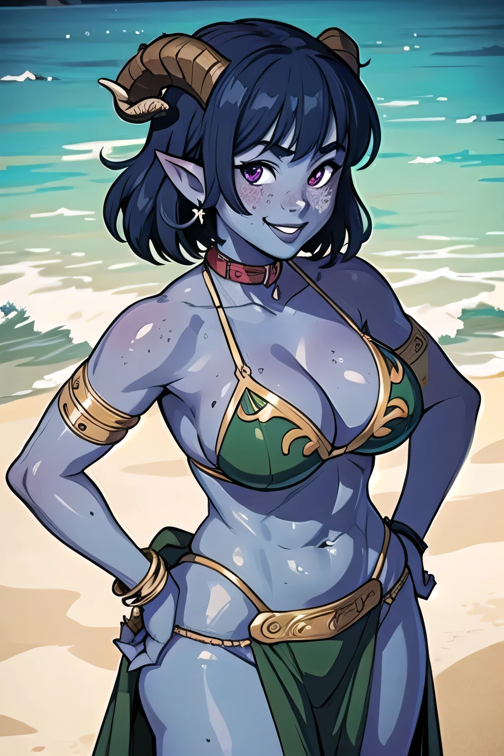 masterpiece, best quality, 1girl, jesterlavorre, blue hair,  purple eyes, blue skin, (((colored skin, horns))), pointy ears, closeup, tiefling, freckles, freckled , smile, looking at viewer, solo, mischievous smile , BREAK on the beach, fit body, (athletic), , muscular shoulders ,  CONCEPT_princess_leia_gold_bikini_ownwaifu,www.ownwaifu.com, pelvic curtain,cleavage,loincloth,armlet,bikini armor,collar,bracelet,bikini,gold chain, ((anime style )), , hands on 