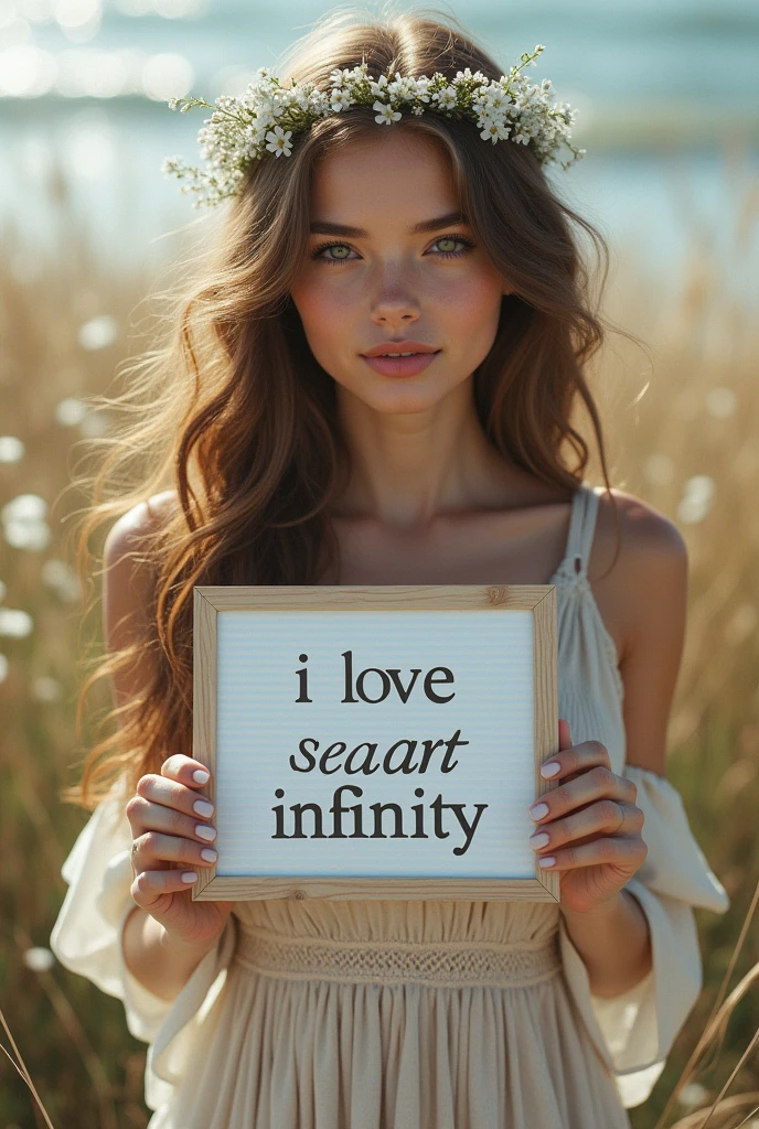 Beautiful girl with wavy long hair, bohemian dress, holding a white board with text "I Love Seaart Infinity" and showing it to the viewer