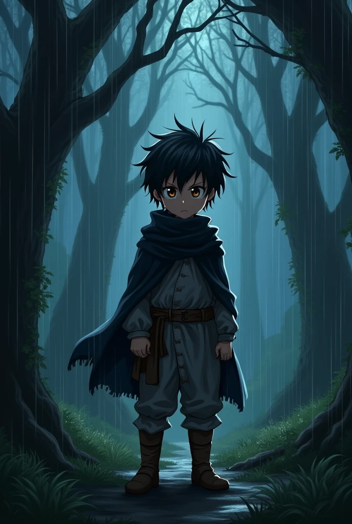 Young boy with black hair and brown eyes,  in a night forest, rain storm, medieval clothes, black bandana covering mouth, expression of sadness and despair, anime style V2