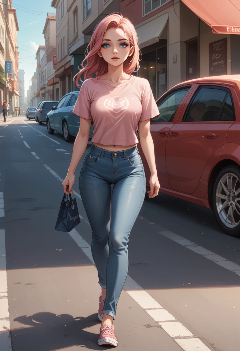 A vision flow of a beautiful topless woman walking down a street, her pink t-shirt and faded blue jeans illuminated by the sun, a red car passing in the background, and a world of shimmering light.