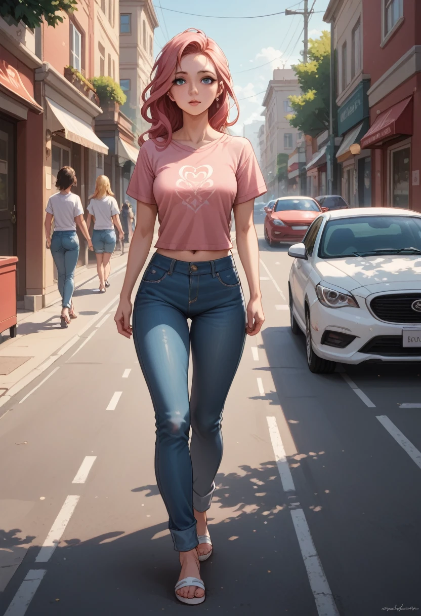 A vision flow of a beautiful topless woman walking down a street, her pink t-shirt and faded blue jeans illuminated by the sun, a red car passing in the background, and a world of shimmering light.