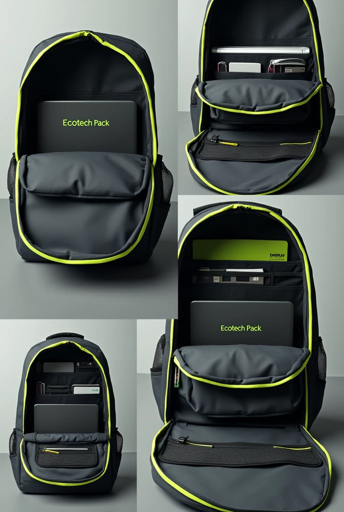 Make sure nothing is showing from the back or front of the backpack.. Focus only on the inside. The backpack is dark grey with neon edges. The name EcoTech Pack must be in green inside. The design must be a collage of 4 photos that exclusively shows the interior. Includes computer compartment, the slots for pencils and markers, and document pockets. Highlight each of these spaces without showing any part of the exterior or the backpack.