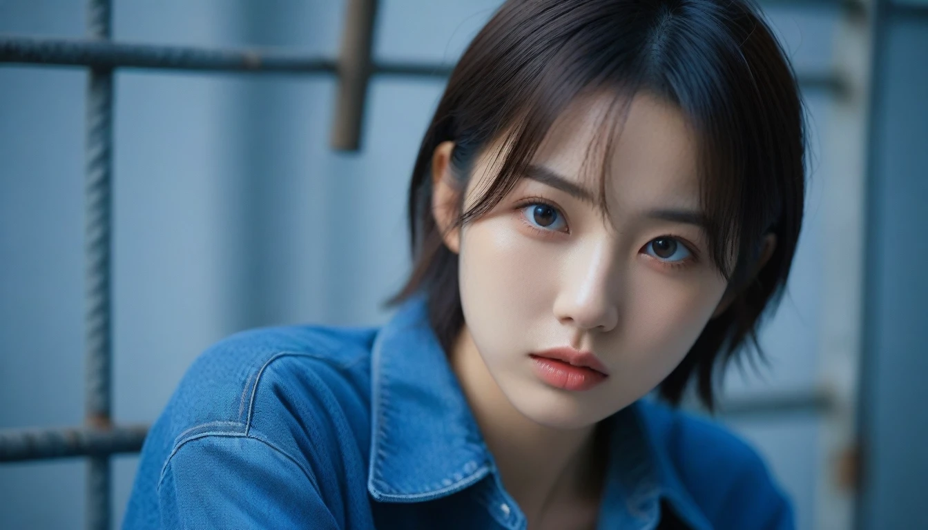 8k, Ultra-high resolution, Highest quality, masterpiece, 三分割法によるphotograph,Surreal, photograph, 1 , (:1.3), cute, cute顔, 細部までBeautiful Eyes, 細かくdetailedに,masterpiece,One Girl:1.2,Japanese women,student,cowboy shot,glaring,Black short hair,messy hair,(Dirty uniform:1.3),Leaning against the wire mesh,Glare,Blue Collar,Factory wall,(Beautiful attention to detail),Subtle details, detailedな顔,anger,Attractive eyes,(ポートレートphotograph:1.4),(Photorealistic images:1.4),Fantasy art,(Beautiful Face:1.4),美しくAttractive eyes、Beautiful Eyes、Grayscale 16Bits,(Tight waist:1.4)、(Beautiful with perfect body proportions:1.4),Pink Lips,Looking at the audience,(((Ideal body type))),A-cup small breasts :2,、Portraiture:2、Perfect Anatomy、鮮明なdetailed、detailed,Fashion magazine cover,Thin lips,完璧でBeautiful Face ,完璧でcute顔, Skin with attention to detail, Perfect limbs、Narrow waist,Surreal,Light and shadow,backlighting