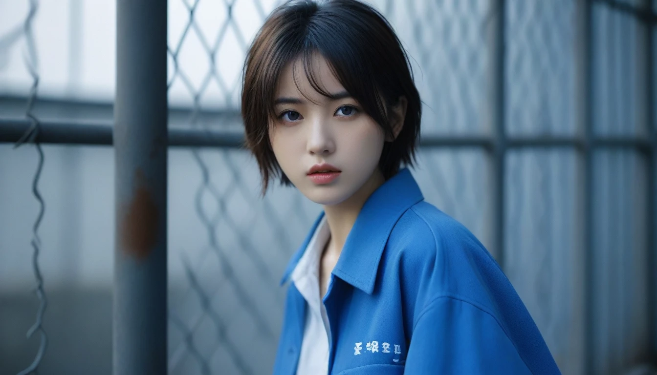 8k, Ultra-high resolution, Highest quality, masterpiece, 三分割法によるphotograph,Surreal, photograph, 1 , (:1.3), cute, cute顔, 細部までBeautiful Eyes, 細かくdetailedに,masterpiece,One Girl:1.2,Japanese women,student,cowboy shot,glaring,Black short hair,messy hair,(Dirty uniform:1.3),Leaning against the wire mesh,Glare,Blue Collar,Factory wall,(Beautiful attention to detail),Subtle details, detailedな顔,anger,Attractive eyes,(ポートレートphotograph:1.4),(Photorealistic images:1.4),Fantasy art,(Beautiful Face:1.4),美しくAttractive eyes、Beautiful Eyes、Grayscale 16Bits,(Tight waist:1.4)、(Beautiful with perfect body proportions:1.4),Pink Lips,Looking at the audience,(((Ideal body type))),A-cup small breasts :2,、Portraiture:2、Perfect Anatomy、鮮明なdetailed、detailed,Fashion magazine cover,Thin lips,完璧でBeautiful Face ,完璧でcute顔, Skin with attention to detail, Perfect limbs、Narrow waist,Surreal,Light and shadow,backlighting