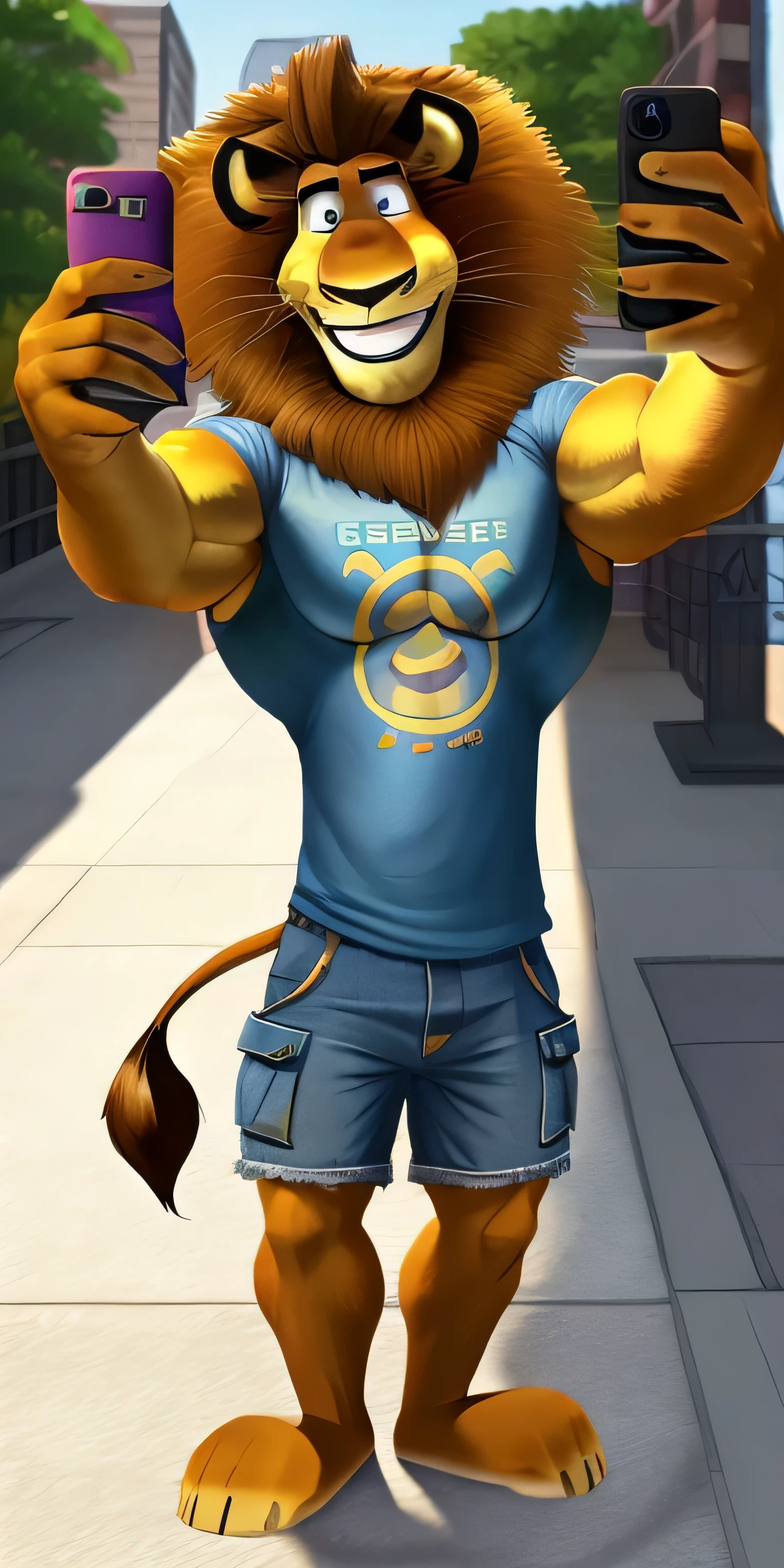 Alex the Lion, muscular body, big biceps, extremely beautiful and cute face, wears blue t-shirt, denim cargo shorts, bare feet, streets background, selfie, friendly look, smiling, hot
