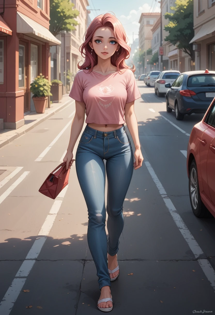 A vision flow of a beautiful topless woman walking down a street, her pink t-shirt and faded blue jeans illuminated by the sun, a red car passing in the background, and a world of shimmering light.  