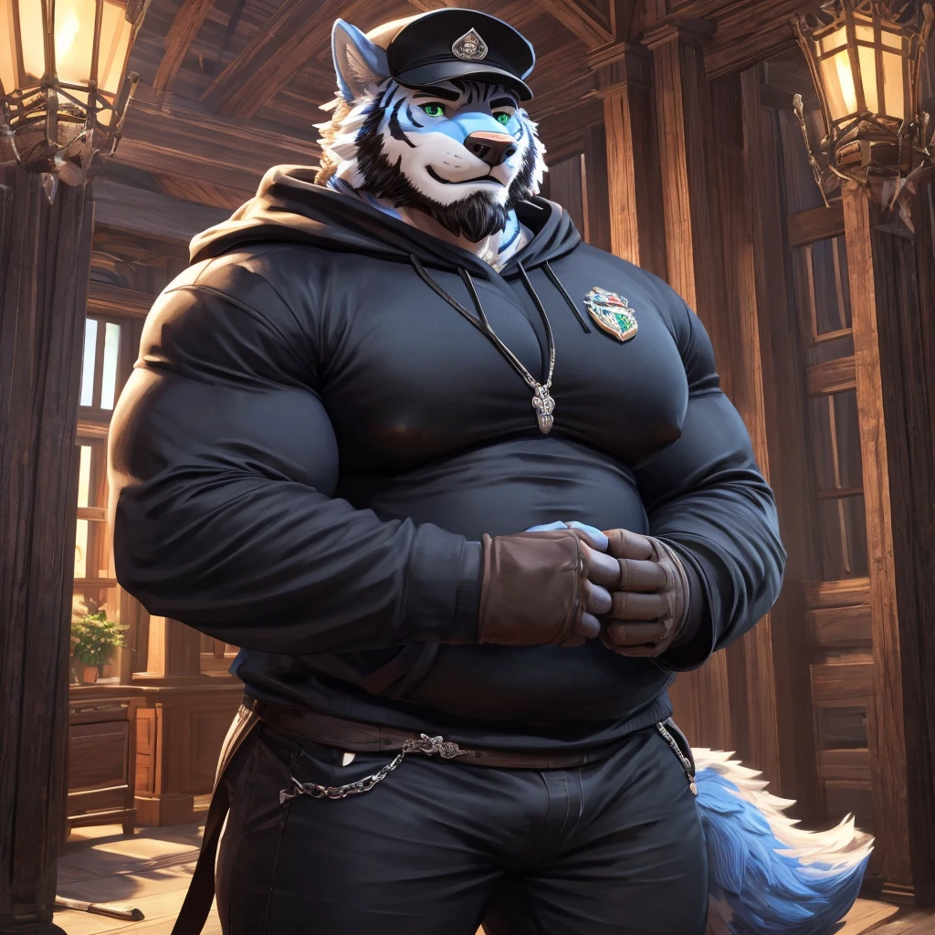 ((best quality)), ((masterpiece)), (Ultra detailed), ((4k))  , Solo , Anthro Wolf ,tiger stripe ,  Light Blue Fur , black Short Hair ,Beard , Handsone , Good Looking , Green Eyes, (Eyes Details), Middle Ages , Huge Pecs , Endomorph Fat, Himbo


Cover Black hoodie , long sleeves , black pants , black gloves , neckless Soldier , wear cap