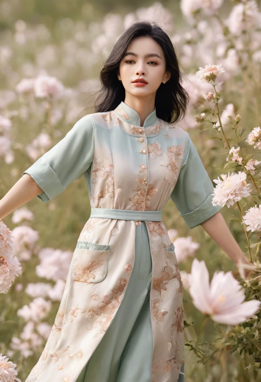 far shot full body, fashion fairytale shot, high camera angle of beautiful Vietnamese girl With its short loose-fitting design, round collar, and large pockets, the áo bà ba is a quintessential Vietnamese garment. Typically made from breathable fabrics like cotton or silk, gorgeous, sophisticated design, bold fashion, impressive pose, oriental background, cool style, magical shimmering, flying petals, realistic details, extremely detailed, 8K, super realistic, dynamic pose, cinematic lighting, low vivid, cinematic color tone, super detailed skin, wind blown, falling petals, morning attracted lighting
