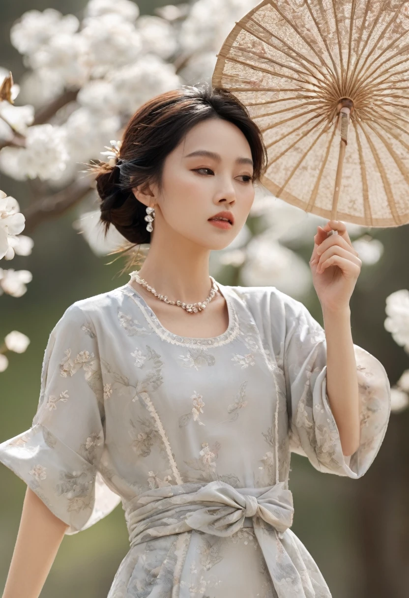 far shot full body, fashion fairytale shot, high camera angle of beautiful Vietnamese girl With its short loose-fitting design, round collar, and large pockets, the áo bà ba is a quintessential Vietnamese garment. Typically made from breathable fabrics like cotton or silk, gorgeous, sophisticated design, bold fashion, impressive pose, oriental background, cool style, magical shimmering, flying petals, realistic details, extremely detailed, 8K, super realistic, dynamic pose, cinematic lighting, low vivid, cinematic color tone, super detailed skin, wind blown, falling petals, morning attracted lighting
